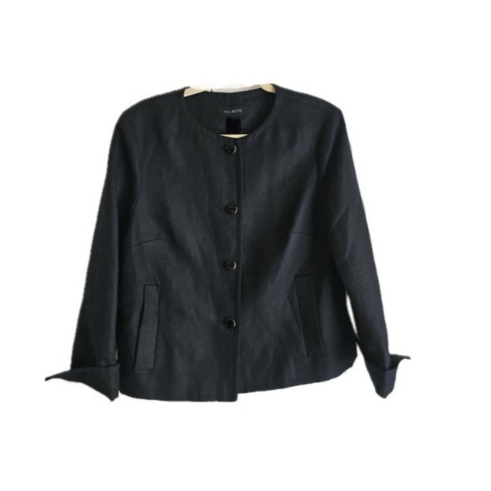 Talbots Black Linen Blazer Button Up Pockets Crew Neck Lined Size 14 P